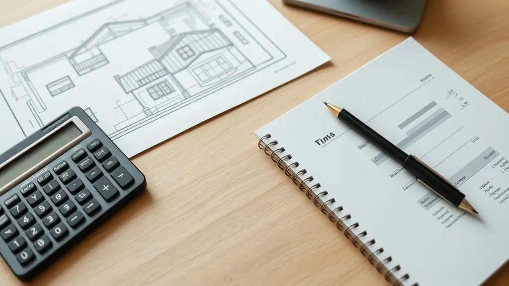 A professional desk with a calculator, architectural bluepri
