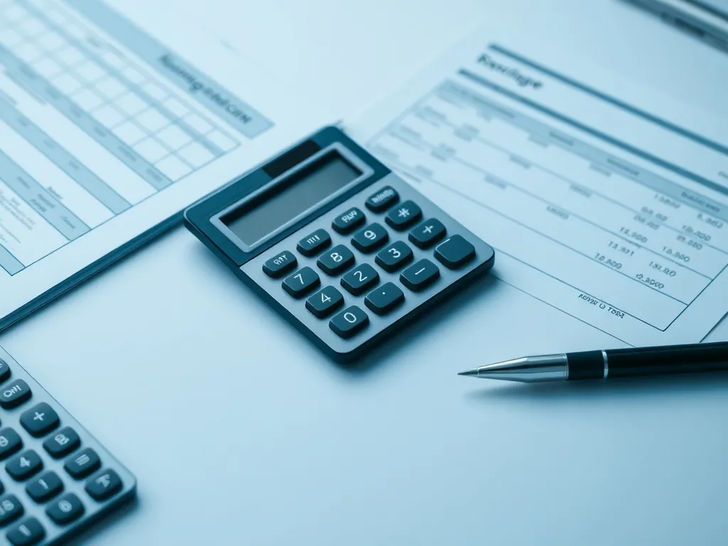 A professional desk with a calculator, financial documents,
